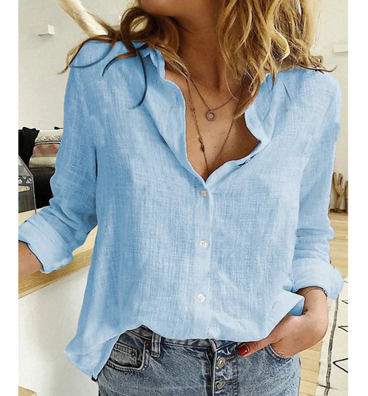 Camisa Holgada de Algodón y Lino para Mujer con Solapa