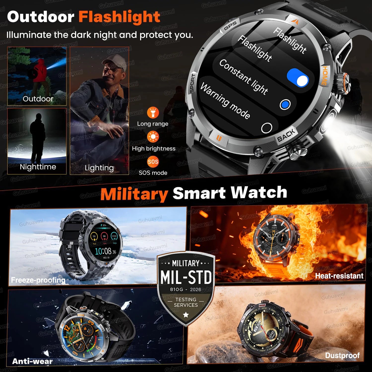 2026 nuevo reloj inteligente militar GPS para hombres construcción GPS linterna LED 10ATM impermeable ritmo cardíaco deporte BT llamada HD AMOLED Smartwatch