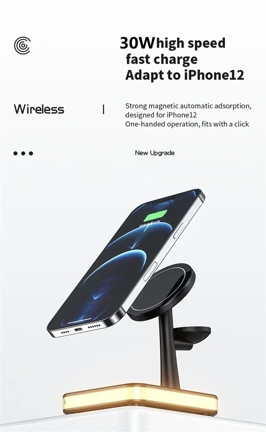 Base de Carga Inalámbrica Magnética 3 en 1 para iPhone 17 16 15 14 13 Pro Max Mini, Estación de Carga para Airpods Pro/Apple Watch