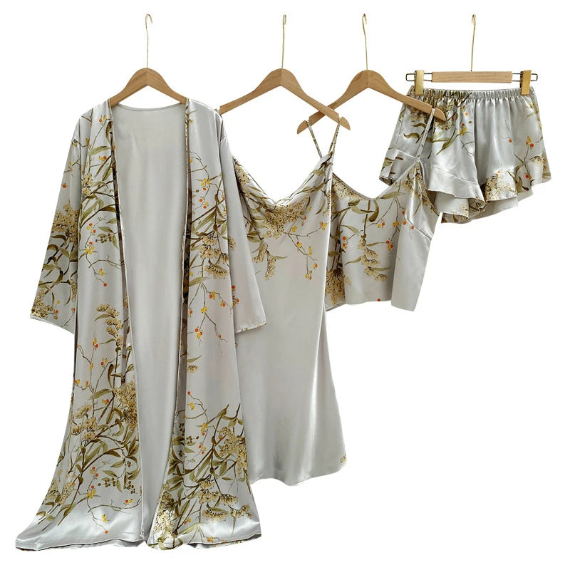 Pijama de Satén 4 Piezas para Mujer | Bata, Camisón y Conjunto