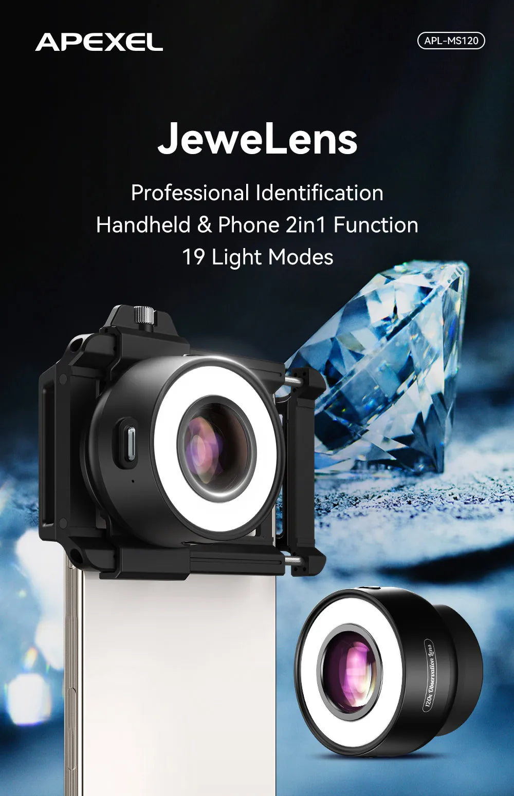 Lente Microscopio 120X APEXEL para Smartphone con Luz LED