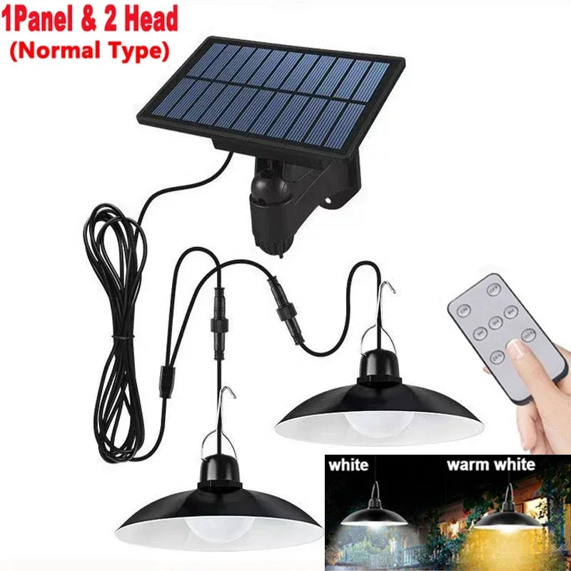 Lámpara colgante solar para exteriores, lámpara LED impermeable, decoraciones de araña de doble cabezal con Control remoto para cobertizo interior, sala de granero
