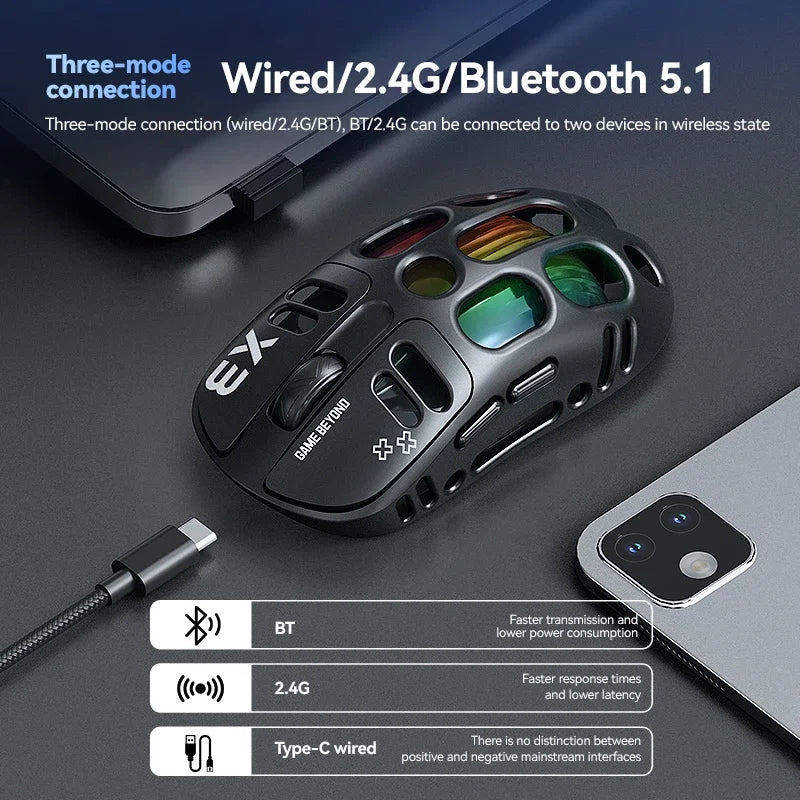 Mouse Gamer Lenovo X3 Triple Modo, RGB, Bluetooth, USB-C, Recargable
