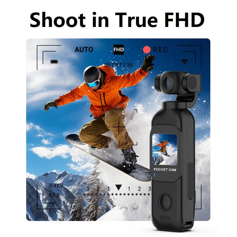 Cámara de bolsillo FHD 1080P con pantalla táctil, WiFi y montura magnética para vlogging