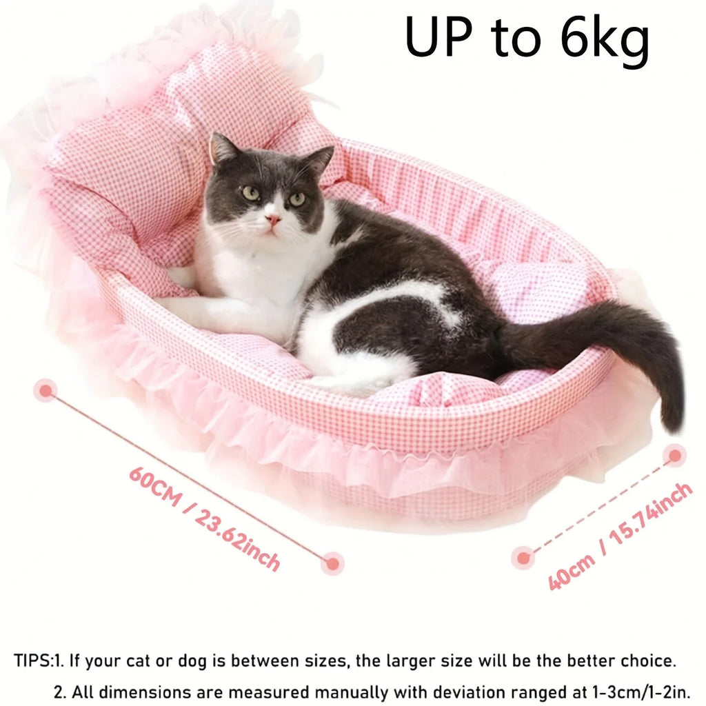 Cama de Princesa para Mascotas - Felpa Ovalada con Encaje para Perros y Gatos