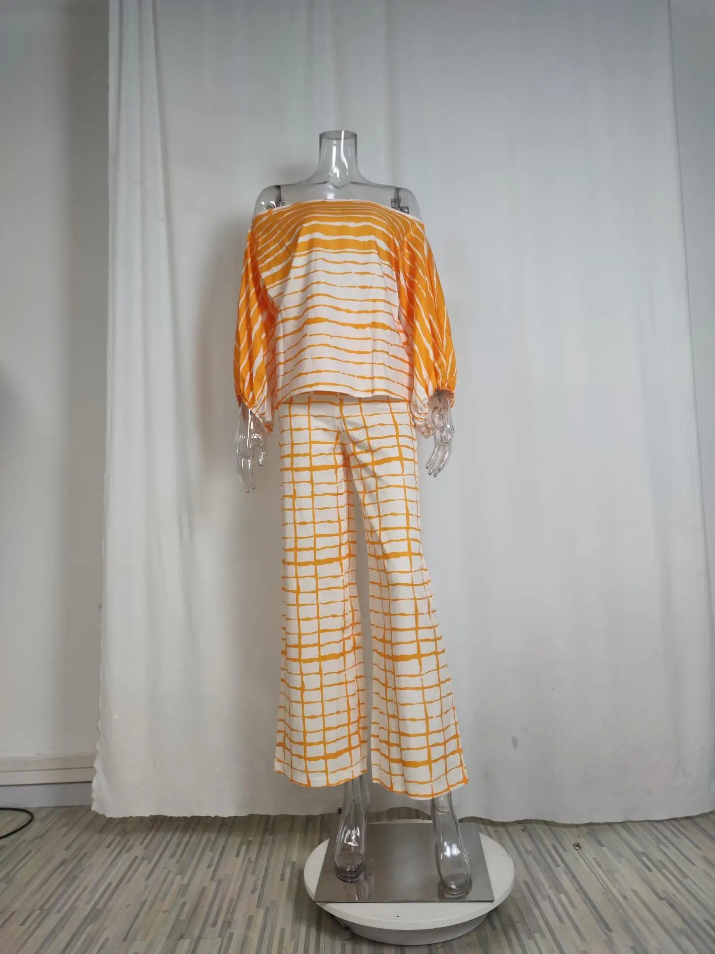 Conjunto de satén estampado para mujer, blusa de manga larga con hombros descubiertos y manga acampanada, conjuntos de 2 piezas para oficina, nuevos trajes informales con pantalones de pierna ancha