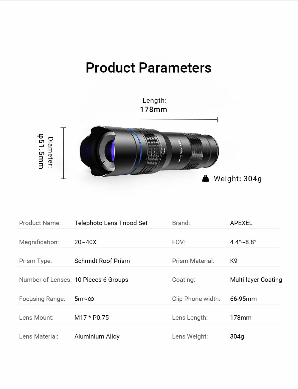Lente Teleobjetivo APEXEL Zoom 20x-40x para Smartphones con Trípode