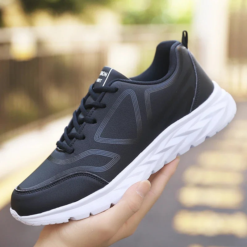YRZL-Zapatillas deportivas impermeables de cuero para hombre, zapatos deportivos cómodos para caminar, resistentes al desgaste, color negro
