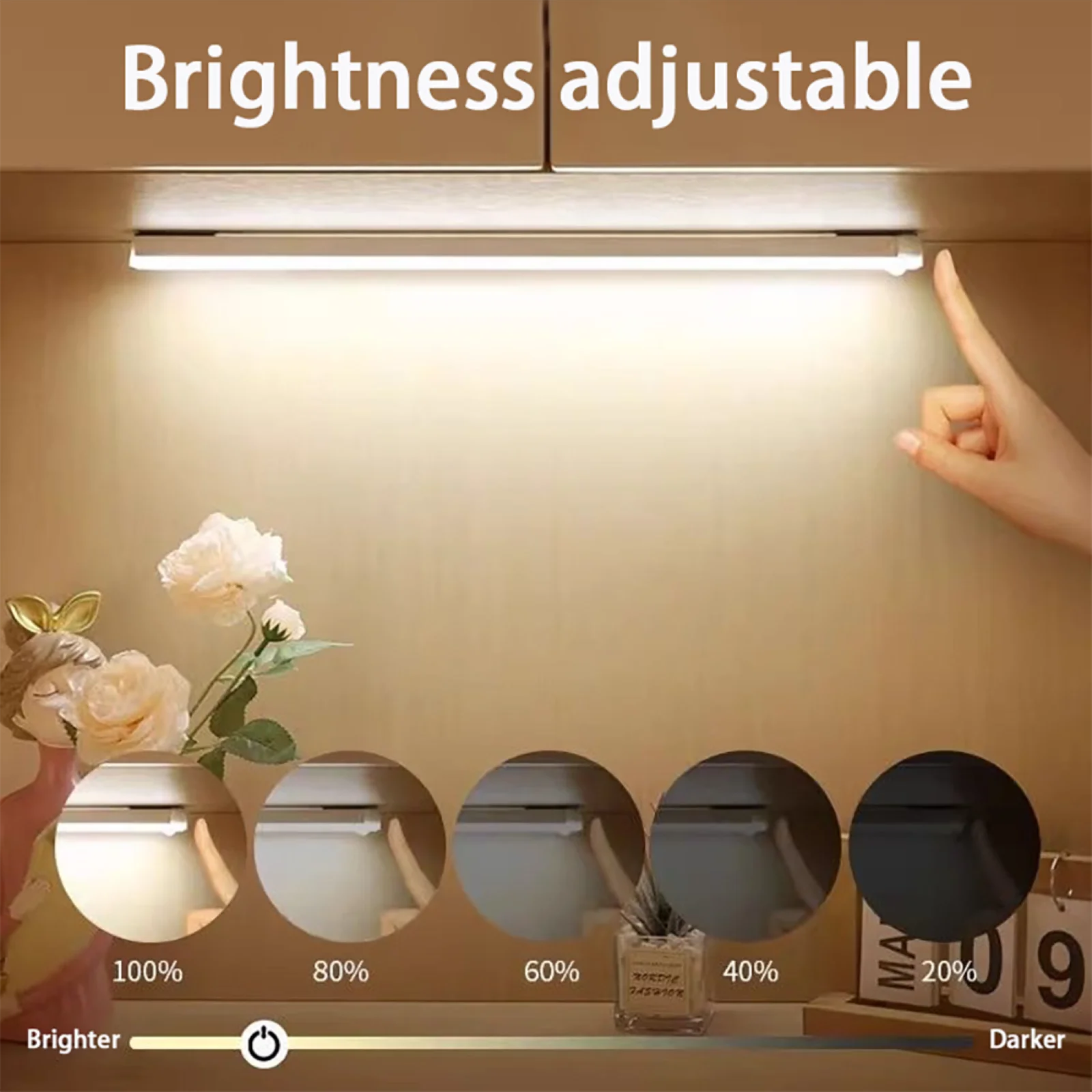 Luz LED para debajo del gabinete con sensor de movimiento, luz recargable para armario, lámpara nocturna magnética regulable para cocina, dormitorio, escaleras