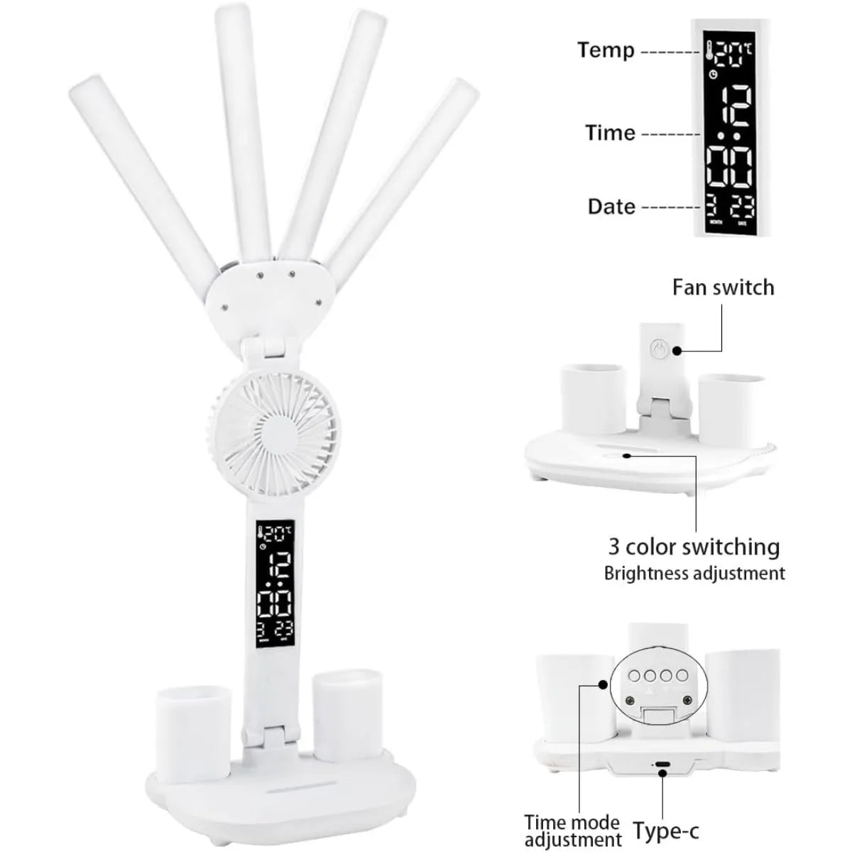 Lámpara de Mesa LED Multifunción con Ventilador Reloj y Carga USB Plegable