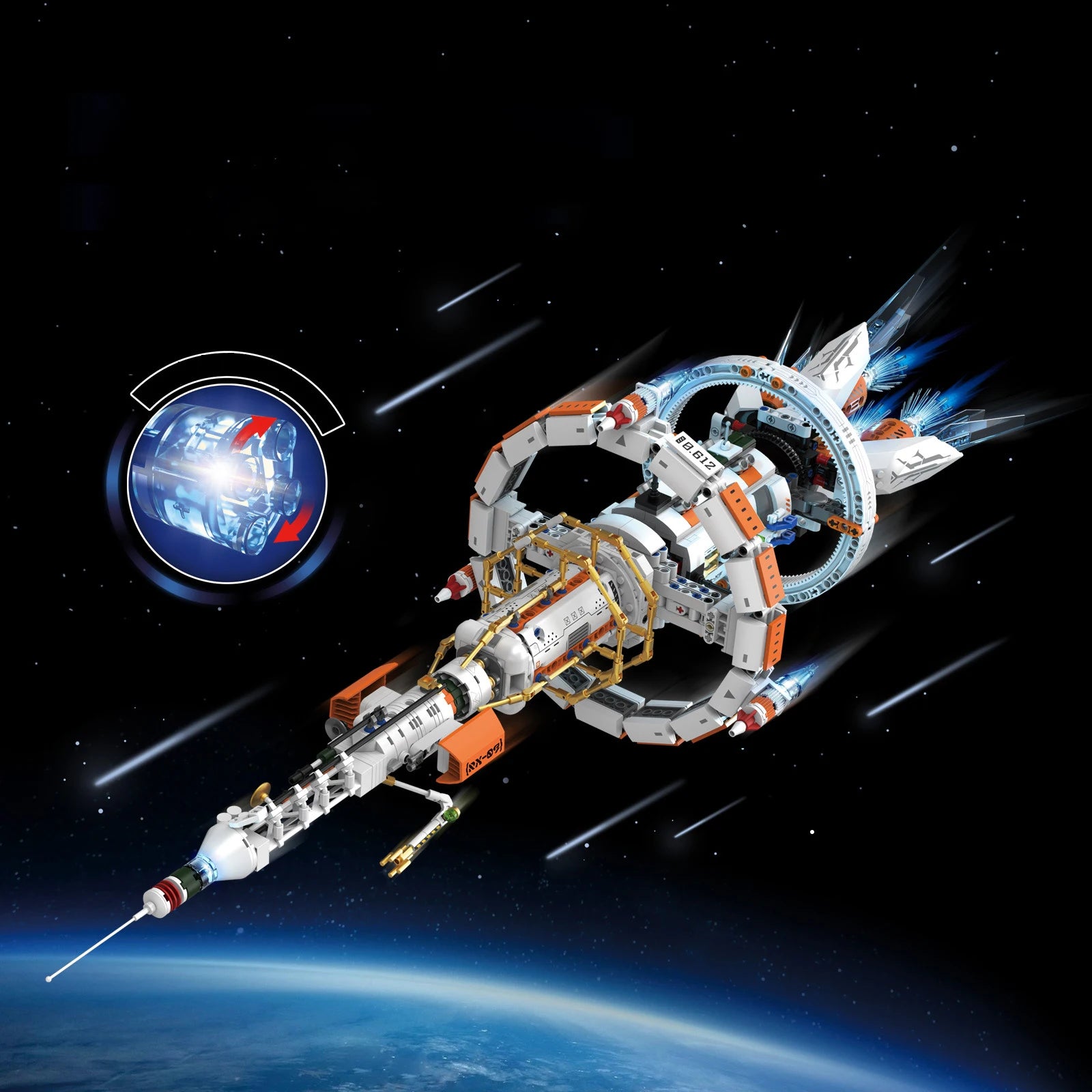 Serie de exploración espacial, modelo de bloques de construcción, estación espacial con propulsor y soporte, adornos MOC creativos de escritorio para adultos