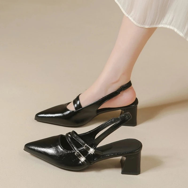 Zapatos de Tacón Ancho con Punta en Pico y Tira Trasera para Mujer, Estilo Francés Chic, Minimalistas, para Oficina, Vestir, Sandalias Casuales con Hebilla para Fiesta