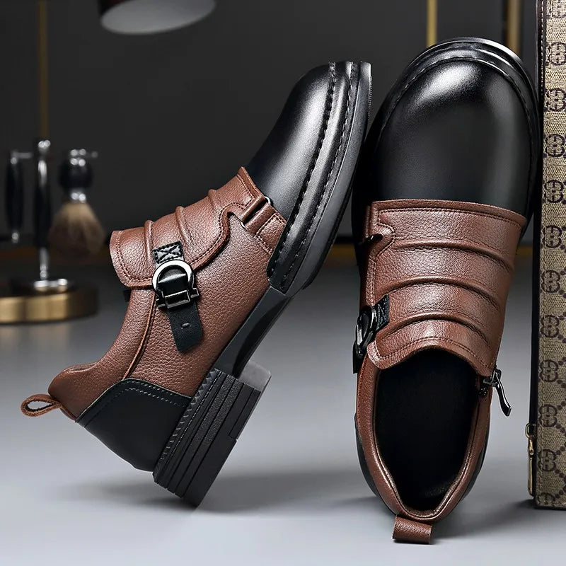 Mocasines con hebilla y cremallera para hombre, cuero genuino, tacón cuadrado
