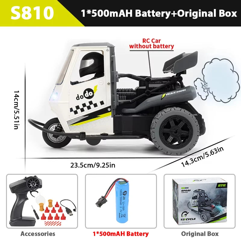 Moto RC de Tres Ruedas con Luces y Spray, Control 2.4G para Niños