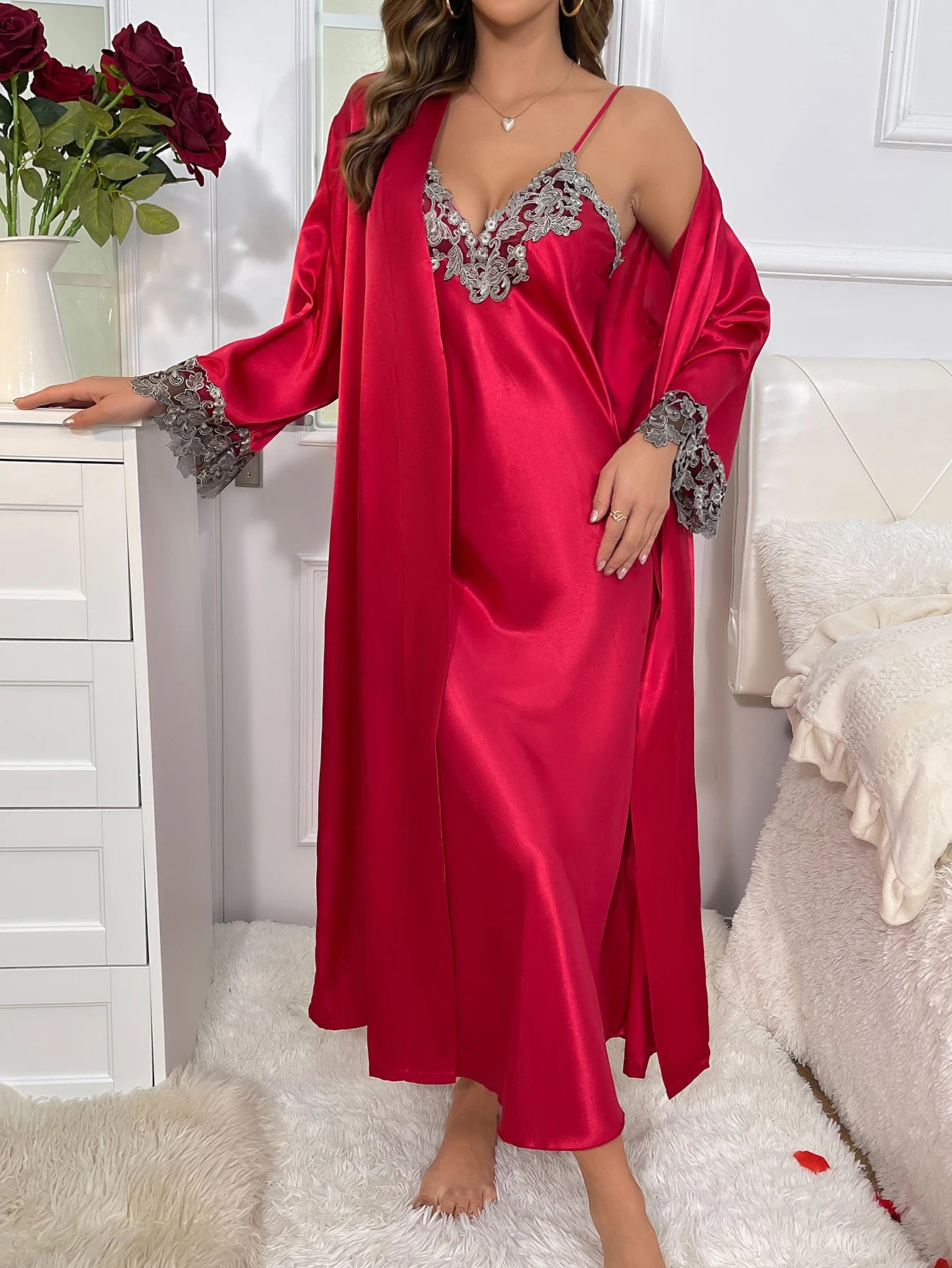 2cs Contraste de encaje de manga larga con cinturón bata con cuello en V vestido deslizante Sexy elegante conjuntos de pijamas para mujer