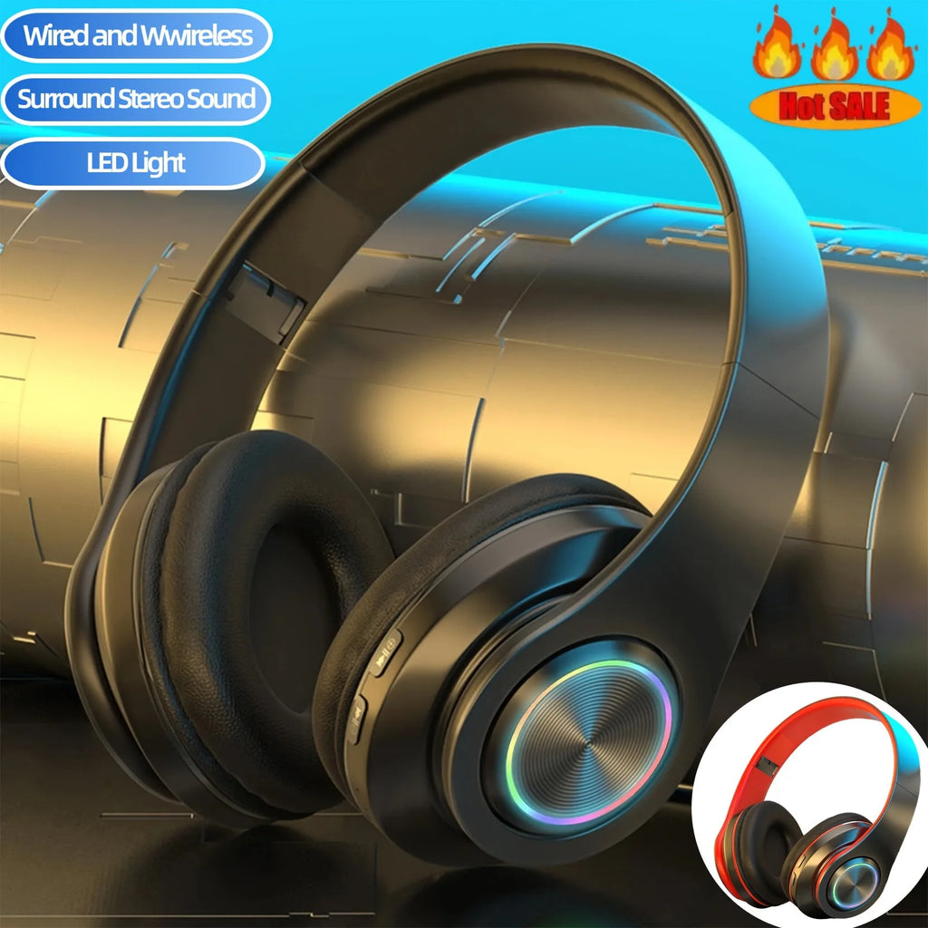 Auriculares inalámbricos sobre la oreja: cancelación activa de ruido, graves profundos, luz LED, diseño plegable portátil para música, deportes y juegos