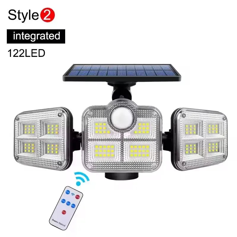 Lámpara Solar 4 Cabezales 122LED 3000 Lúmenes Sensor de Movimiento