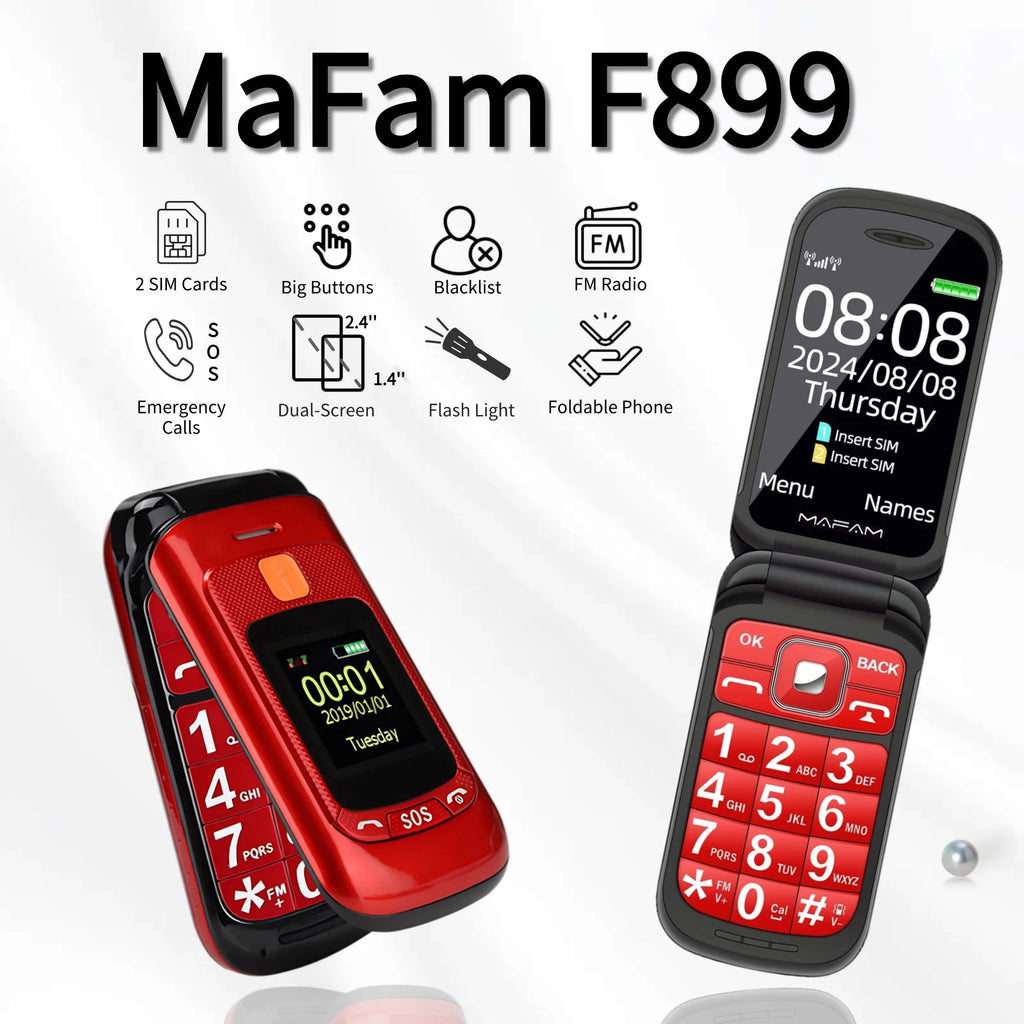 Mafam F899 Senior Flip Feature Phone Dos pantallas 2 Sim Botón grande SOS Dial Antorcha Clamshell Móvil Estilo retro 15 días Larga modo de reposo