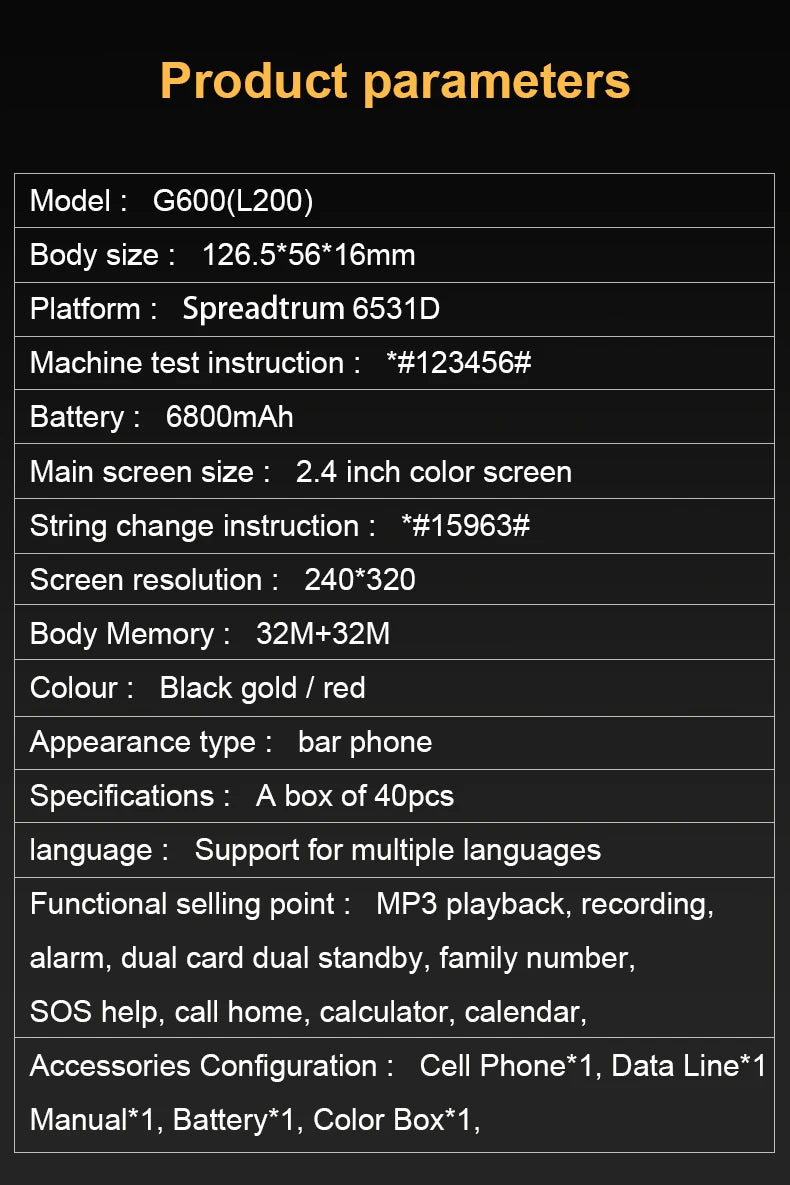 Teléfono GSM 2G BAR G600, tarjeta SIM Dual, batería de 6800mAh, tecla grande SOS, pantalla de 2,4 pulgadas, teléfono móvil para ancianos y mujeres, reccodificador de MP3