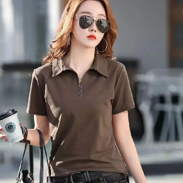Camiseta Polo Femenina Estilo Coreano de Primavera