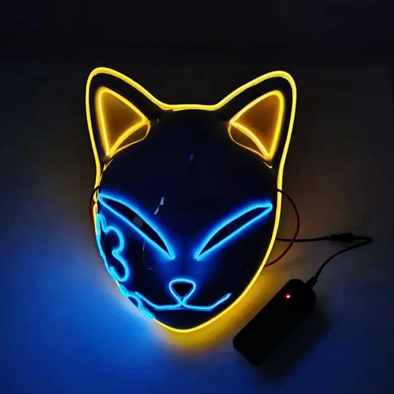 1 máscara facial Led brillante Demon Slayer, accesorio de Cosplay de Anime, cara de gato, zorro, Halloween, luz fría, máscara intermitente, disfraz de fiesta