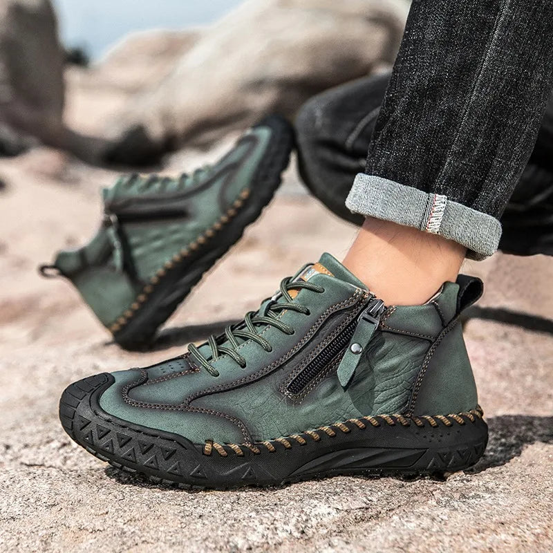 Botas altas de cuero genuino para hombre con cremallera y suela antideslizante