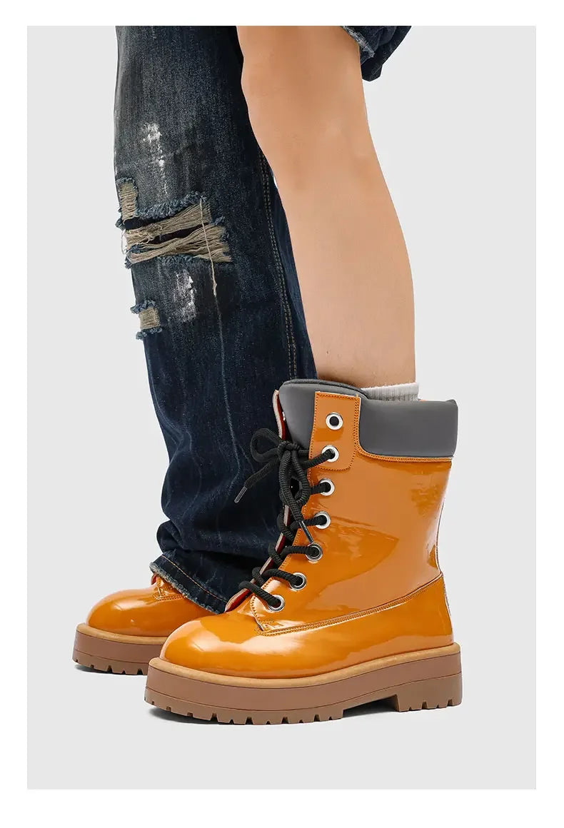 Botines de charol para hombre con cordones y suela gruesa antideslizante