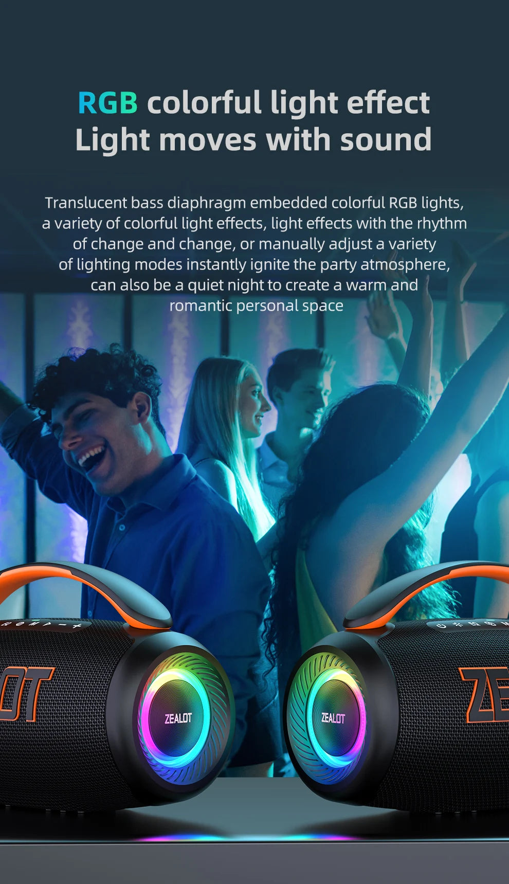 Altavoz Zealot-P12 Altavoz Bluetooth portátil de 60 W con IPX6 resistente al agua, mango cómodo, iluminación controlable, TF, USB