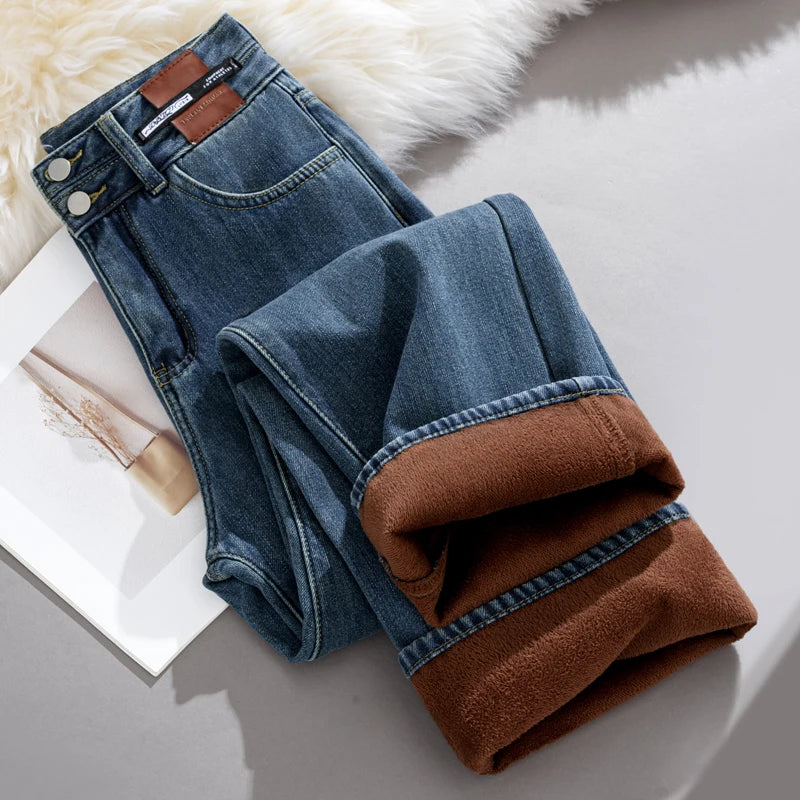 Pantalones Vaqueros de Pierna Ancha con Forro Polar para Mujer, Cintura Alta