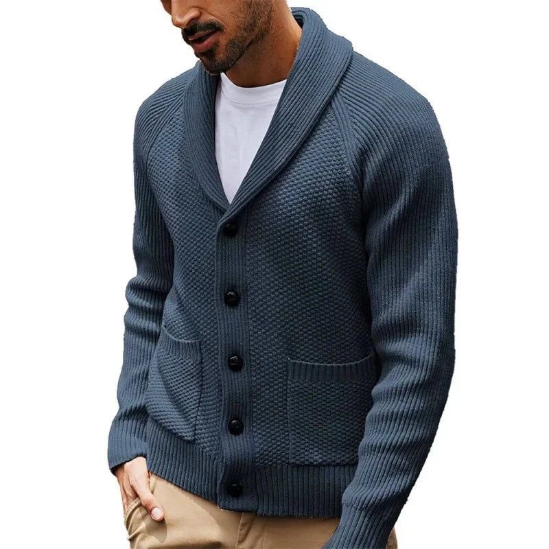 2025 Jersey nuevo de punto para hombre, cárdigan de manga larga con cuello abotonado y bolsillo, suéter informal de invierno para hombre