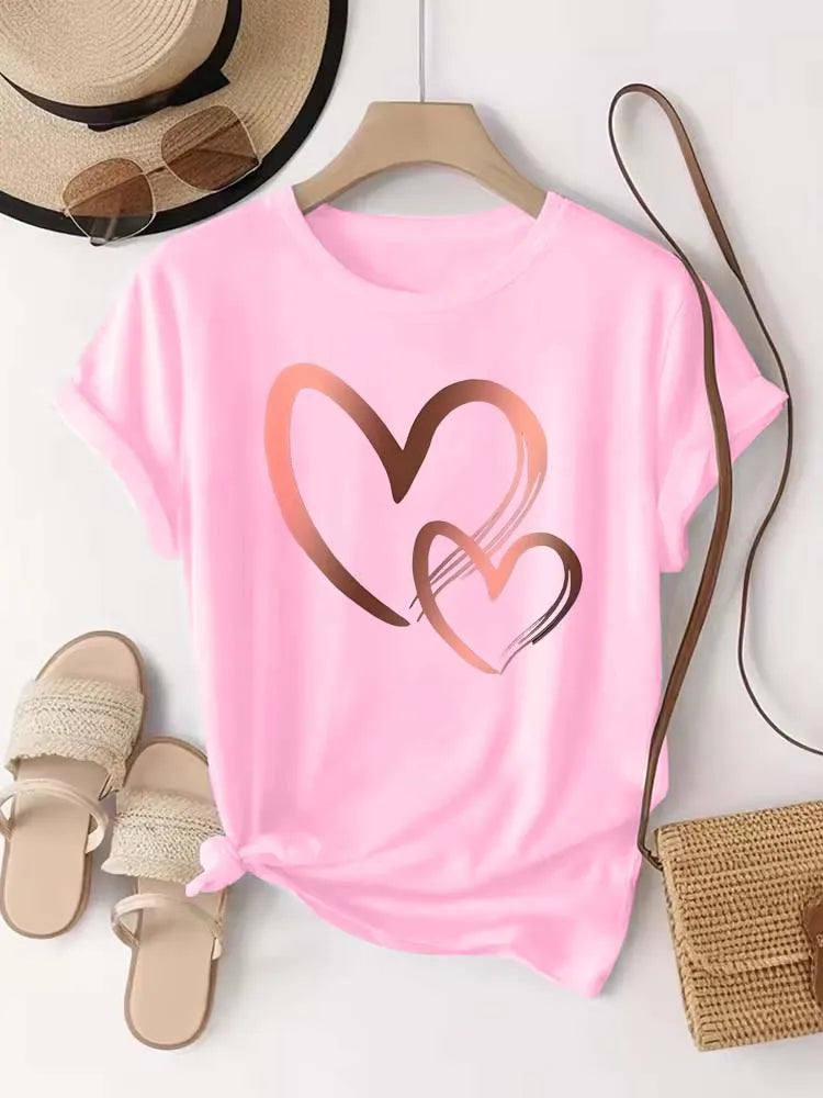Camiseta con Estampado de Corazón para Mujer, Manga Corta
