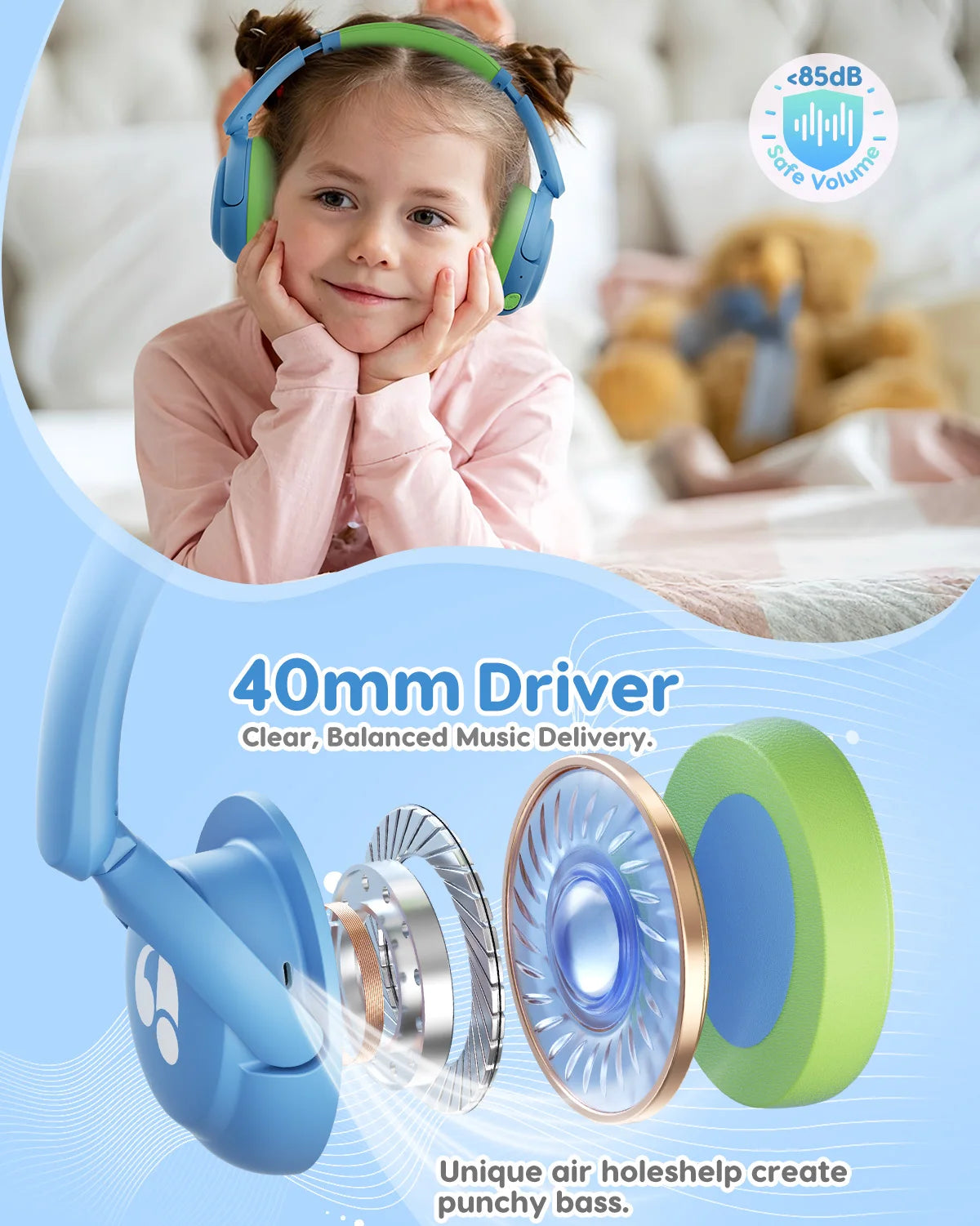 Awatrue-auriculares Bluetooth 5,4 para niños, cascos supraaurales inalámbricos ligeros con volumen seguro de 85dBA para IPad/reproductor YOTO/tableta/escuela