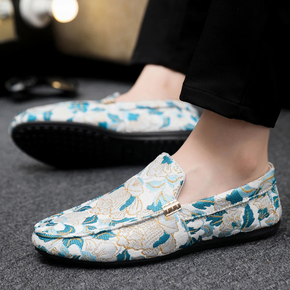 Zapatos Casuales Florales para Hombre | Estilo Mocasín Azul y Blanco