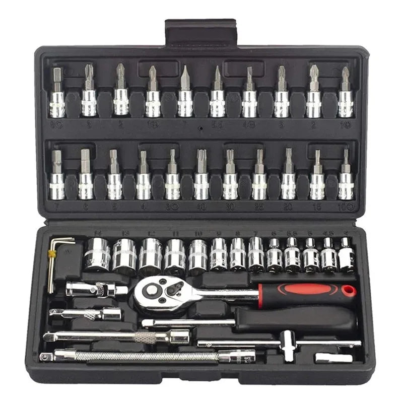 Kit de herramientas de reparación de automóviles/bicicletas, llave dinamométrica de trinquete, llave inglesa, destornillador, juego de enchufes para mecánicos de automóviles, entusiastas del bricolaje, 46 Uds.