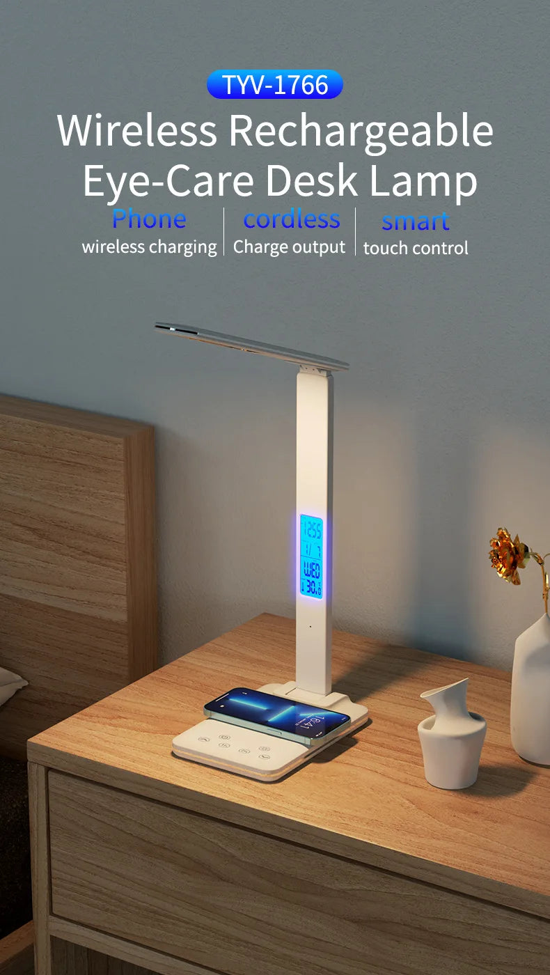 Lámpara de escritorio de lectura plegable, luz de escritorio enchufable USB, 15W, carga inalámbrica para teléfono móvil con tiempo, dormitorio, oficina, protección ocular