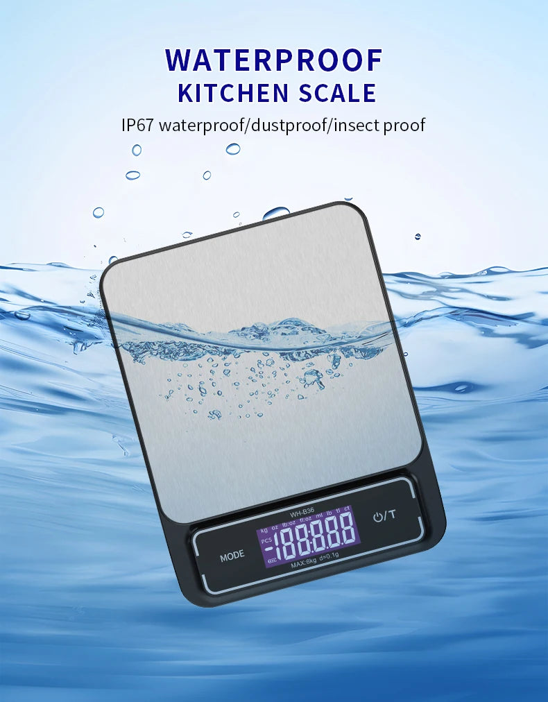 Báscula de cocina electrónica Digital de 6kg/0,1g, 10kg/1g, pantalla LCD, herramienta de medición de acero inoxidable totalmente impermeable para hornear