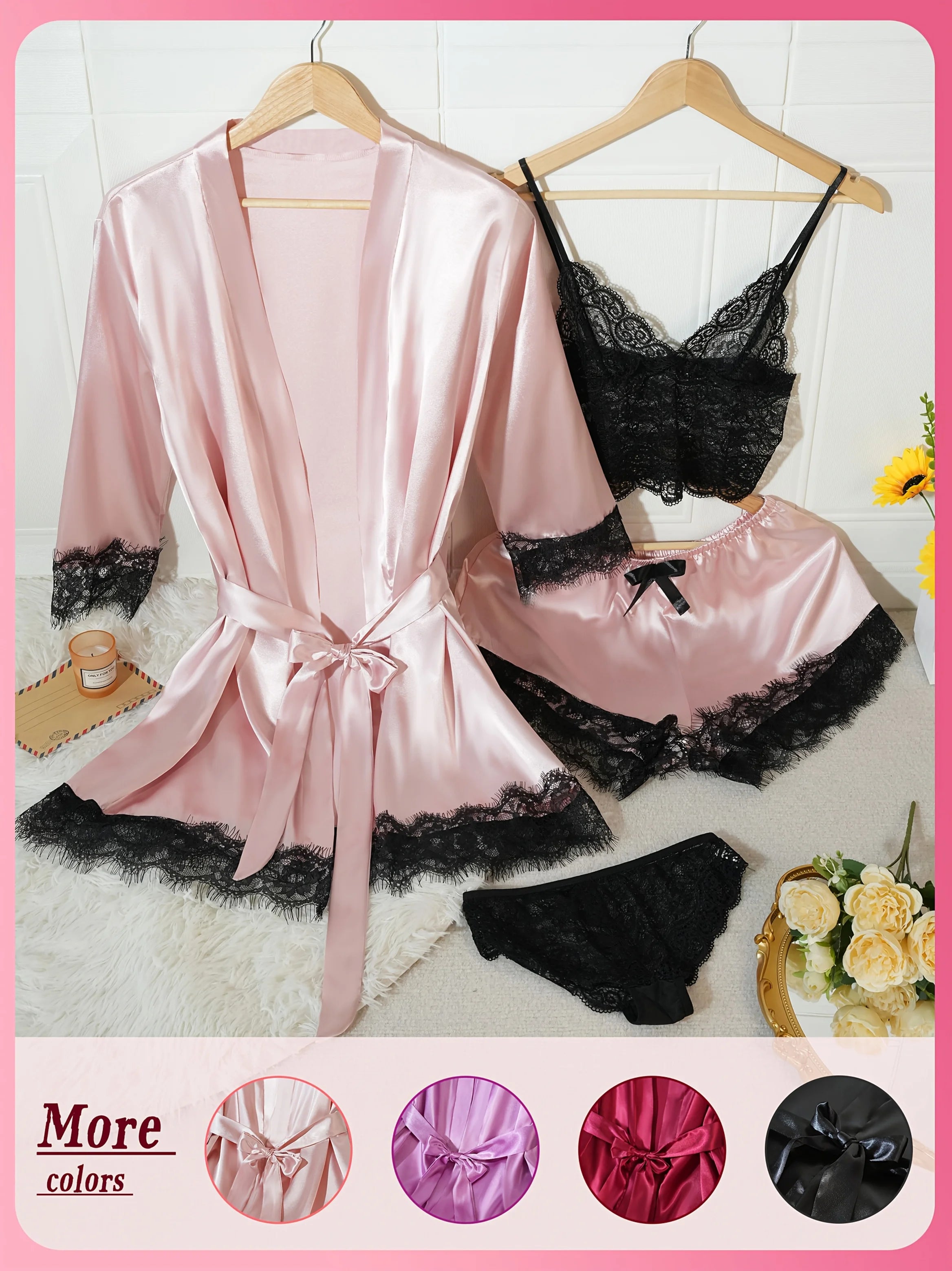 Conjunto de Pijama de Satén para Mujer 4 Piezas con Bata y Encaje