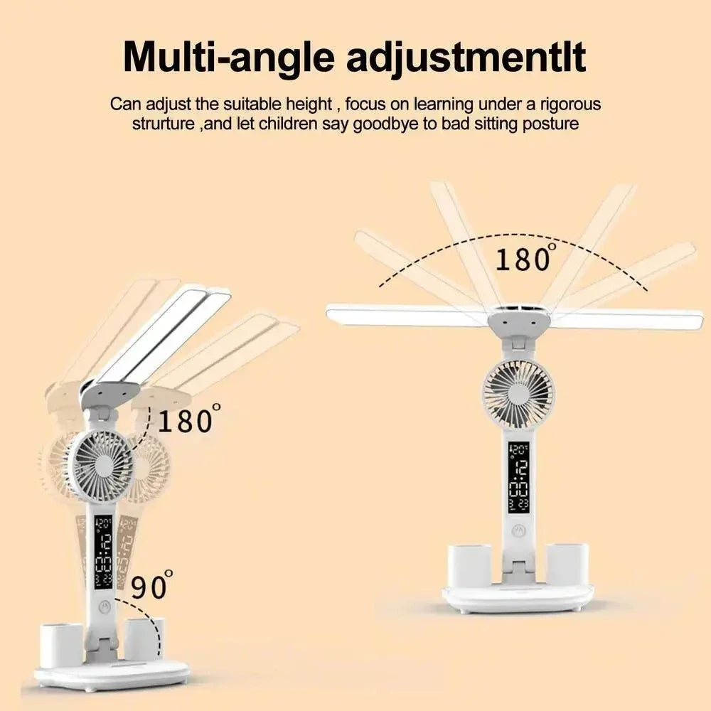Lámpara de escritorio LED, lámpara de ventilador plegable portátil, reloj de pantalla inteligente, lámpara de escritorio recargable por USB, protección ocular, luz de escritorio de lectura para estudio