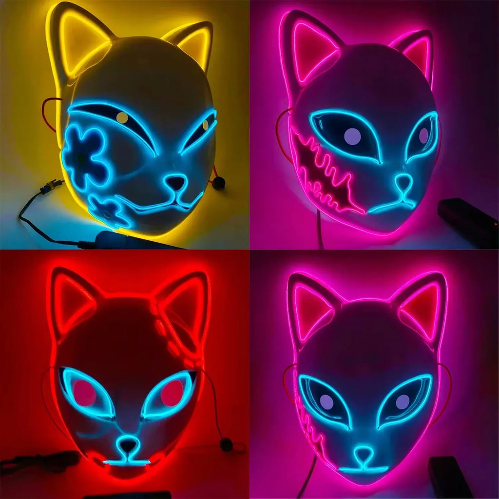 1 máscara facial Led brillante Demon Slayer, accesorio de Cosplay de Anime, cara de gato, zorro, Halloween, luz fría, máscara intermitente, disfraz de fiesta