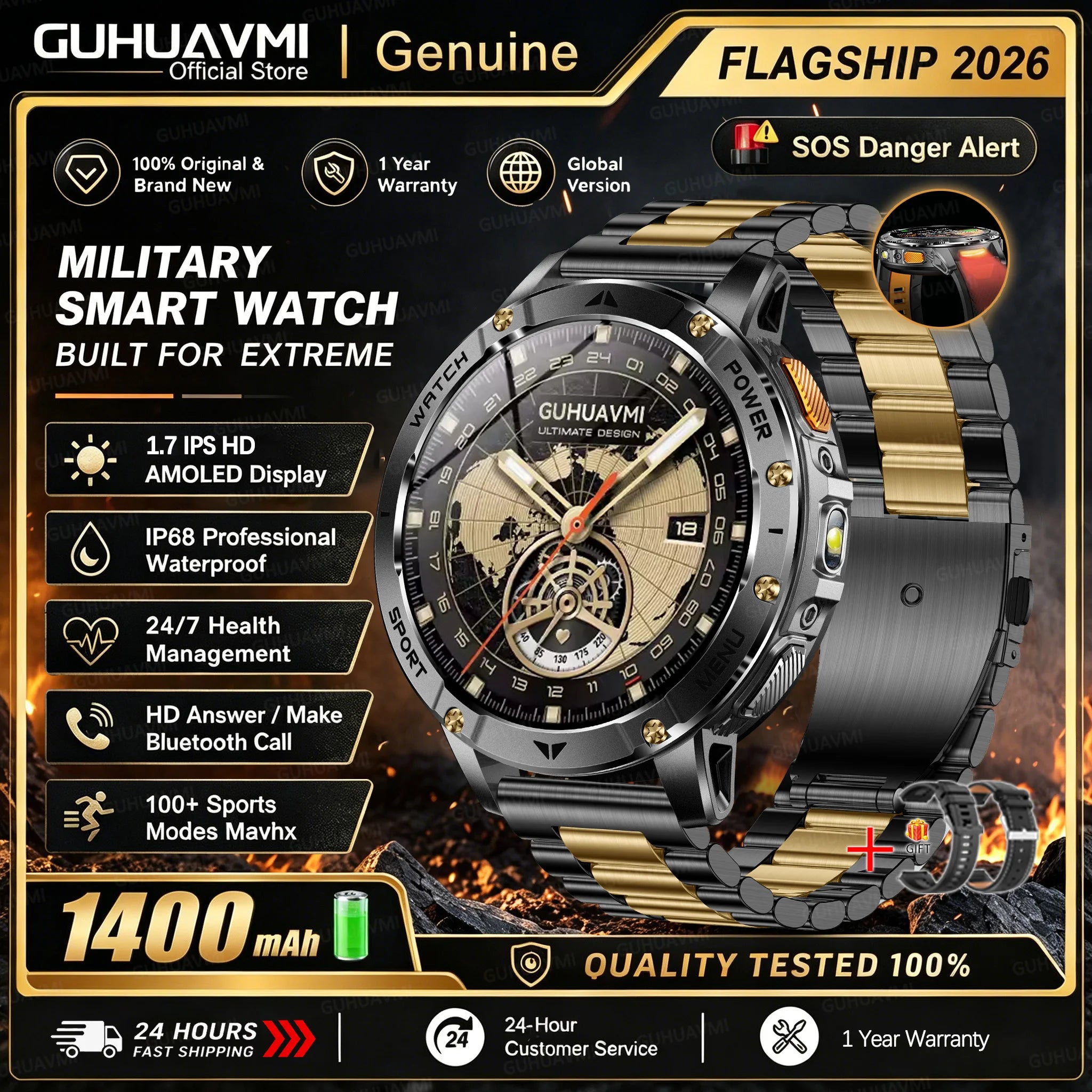 Reloj Inteligente Militar 1400mAh 10ATM Linterna