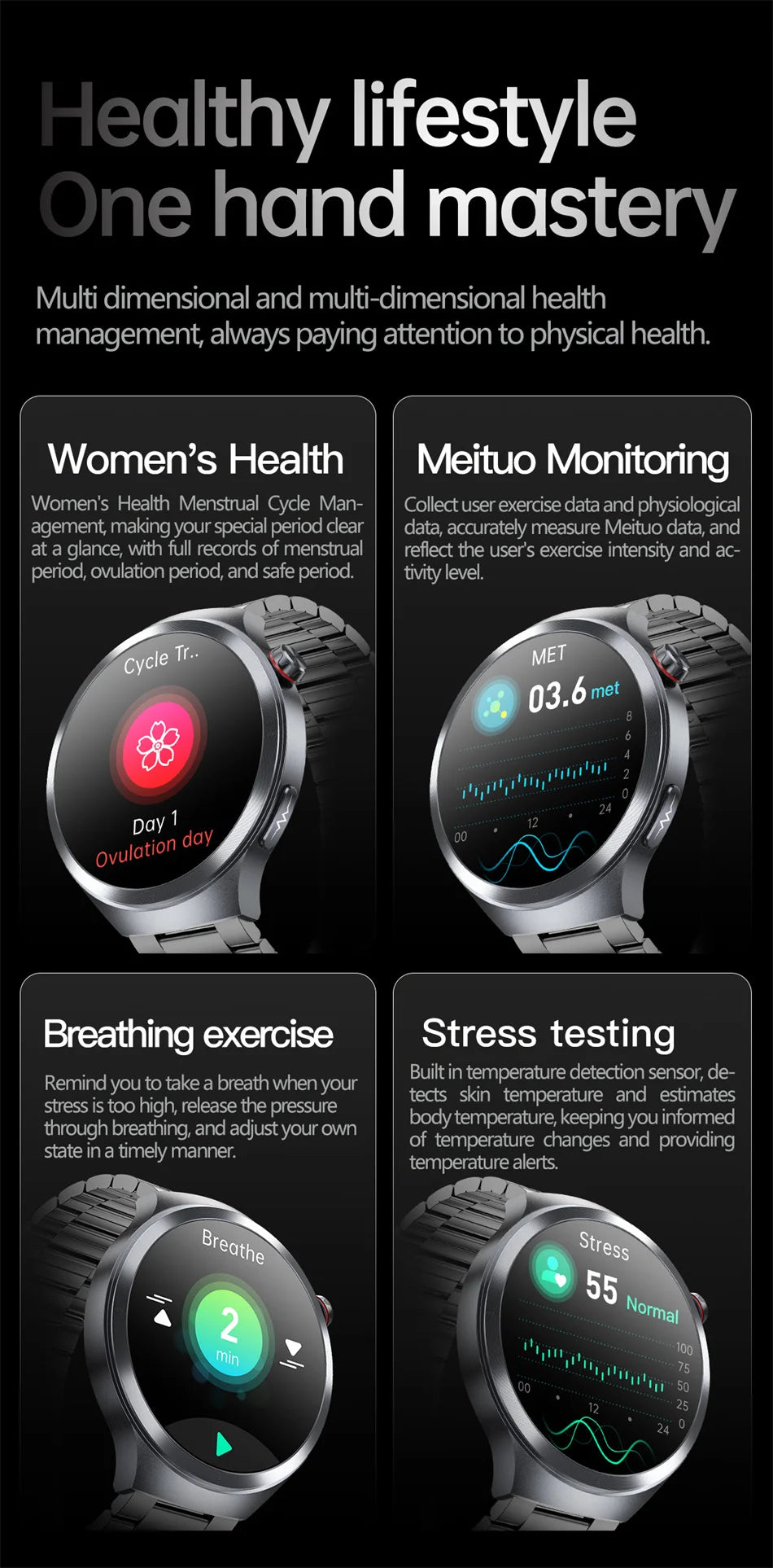 Nuevo Reloj Inteligente con Pantalla de Cristal de Zafiro de 1.73 Pulgadas, Monitor de Salud, Ácido Úrico, Grasa en Sangre, Presión Arterial, ECG+PPG, Análisis Corporal, para Hombre