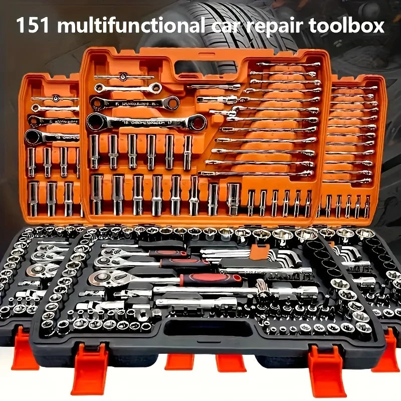 Juego de Herramientas de 150/46 Piezas, Kit de Reparación Automotriz y de Motocicletas - Acero al Cromo Vanadio Resistente, Incluye Llaves de Trinquete
