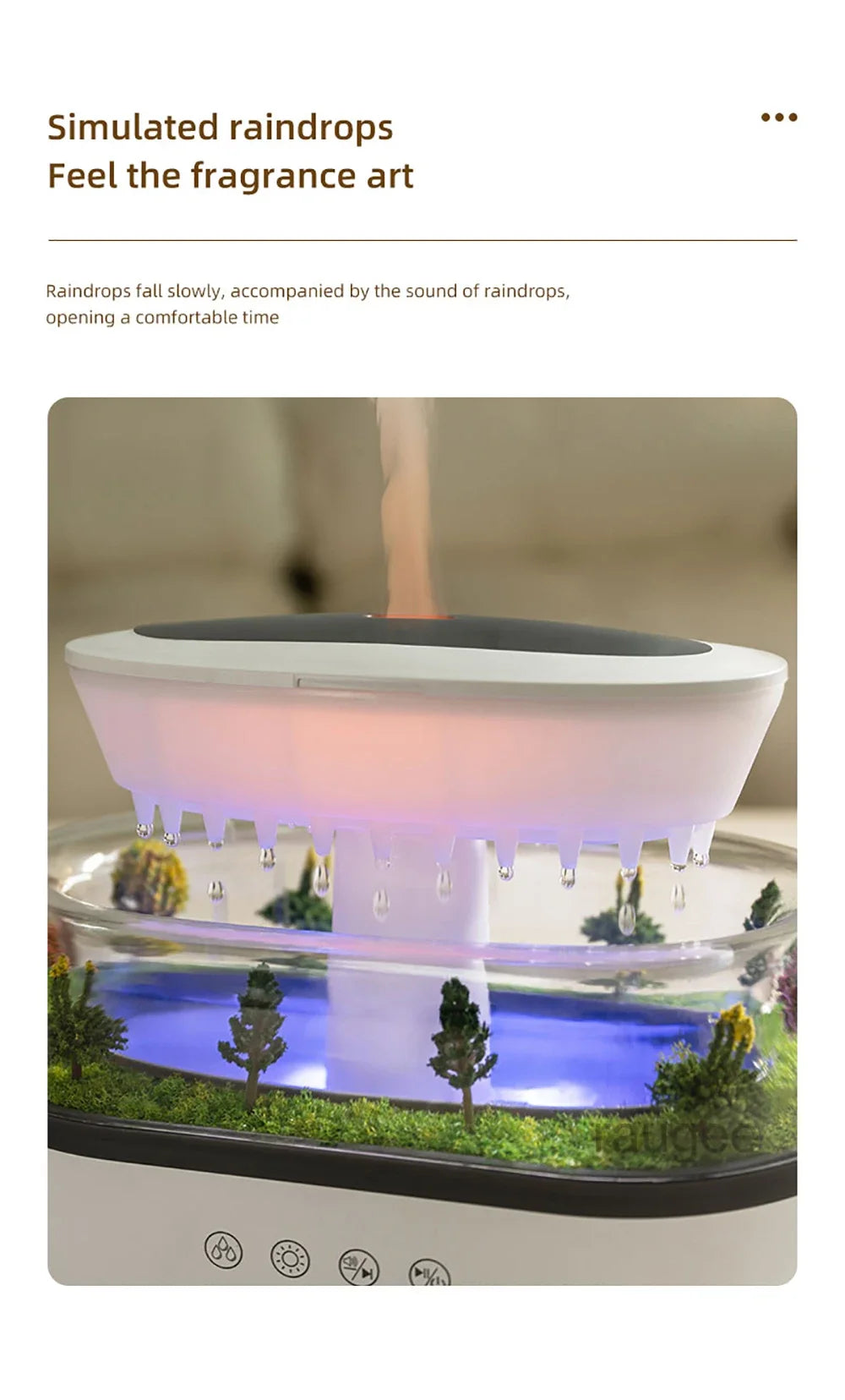Nuevo humidificador de aire de gota de lluvia, humidificador de Aroma, luz de ambiente colorida, ruido blanco, música esencial, difusor de fragancia de aceite para el hogar
