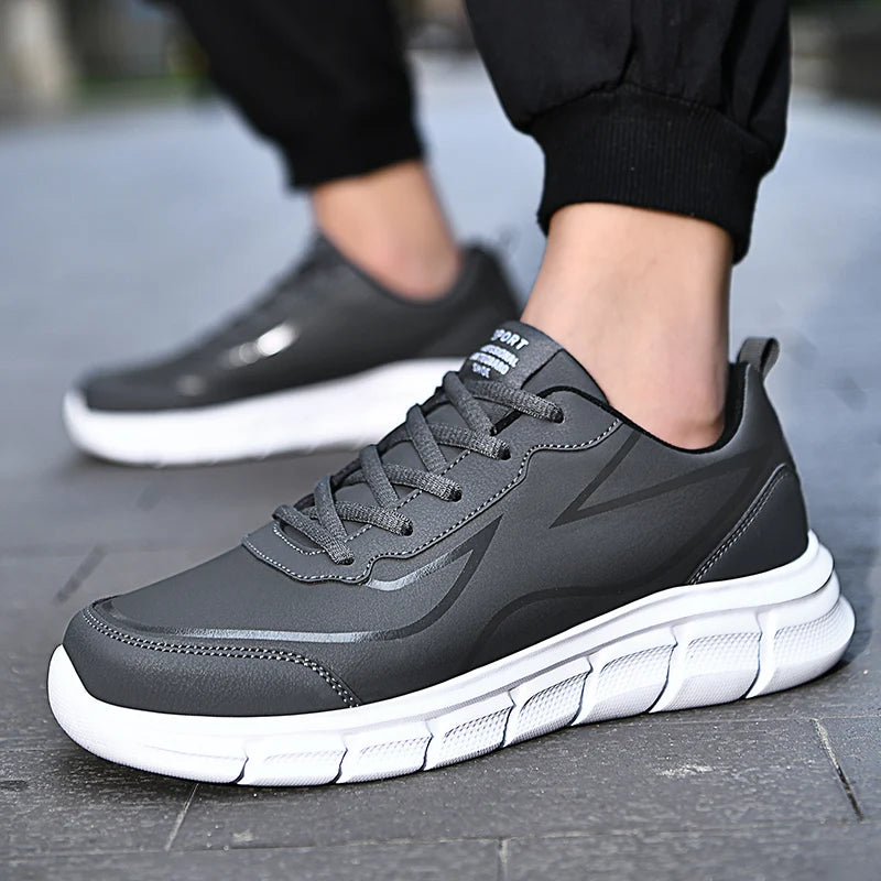 YRZL, zapatillas para correr negras, zapatillas deportivas impermeables de cuero, zapatillas deportivas resistentes al desgaste para hombres, zapatos deportivos para caminar, zapatos cómodos para hombres