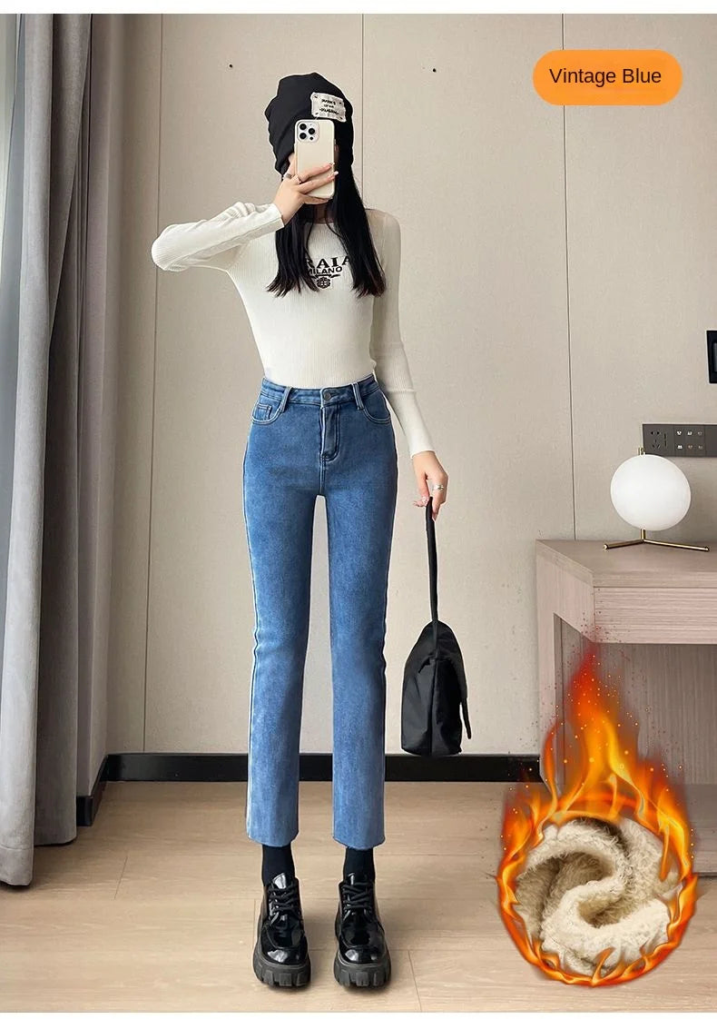 Pantalones Vaqueros Y2K con Forro Polar para Mujer, Cintura Alta, Pierna Recta