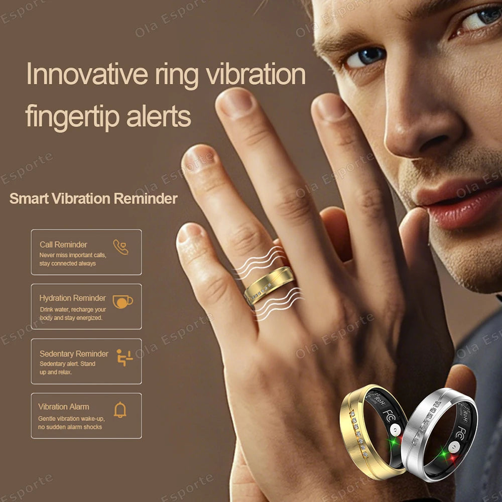 Anillo Inteligente de Joyería de Moda con Recordatorio de Llamadas, Alarma por Vibración, Monitor de Frecuencia Cardíaca y Oxígeno en Sangre, Resistente al Agua IP68, Regalo para Hombre