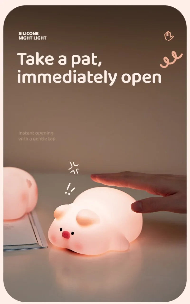 Luz nocturna de cerdito rosa, bonita luz nocturna de silicona, lámpara LED Pat, decoración de habitación, carga USB, lámpara de ambiente interior, regalo para niños