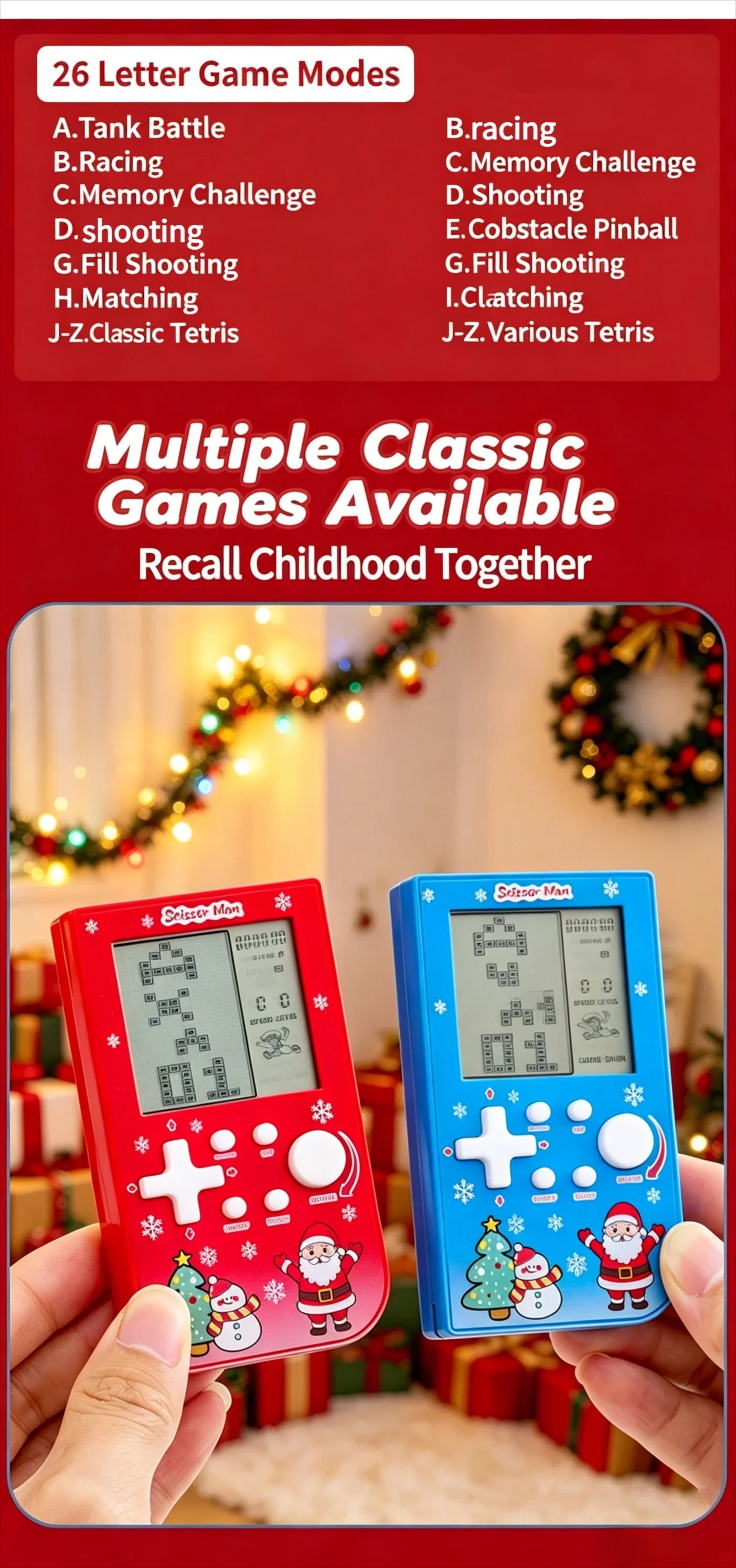 Consola de Juegos Retro con Diseño de Ladrillos Navideños, Tetris con Temática Festiva, Consola Electrónica Portátil, Regalo Festivo