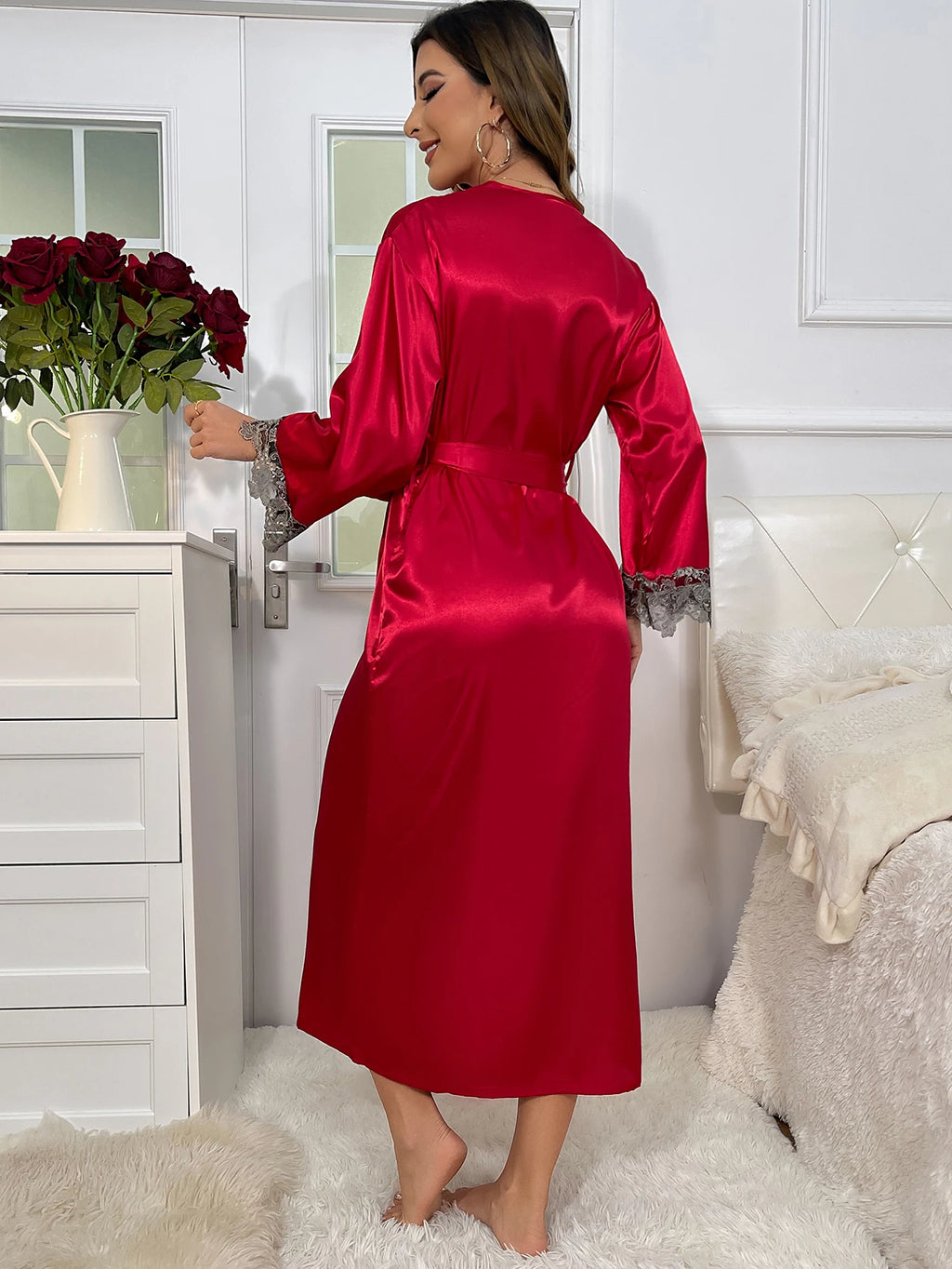2cs Contraste de encaje de manga larga con cinturón bata con cuello en V vestido deslizante Sexy elegante conjuntos de pijamas para mujer