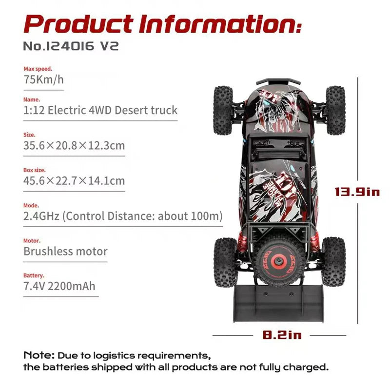 75 KM/H WLtoys 124016 V8 RC coche sin escobillas 4WD eléctrico de alta velocidad todoterreno Control remoto Drift Rc coches para adultos Juguetes